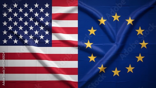 Close up of the american flag and the european union flag side by side representing international relations and cooperation between two major global powers