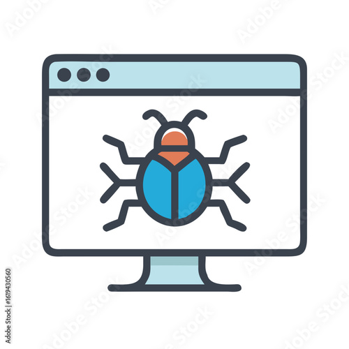 Cartoon bug inside computer screen, representing software vulnerability