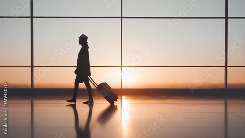 Silhouette traveler with suitcase walking through airport sunset scene