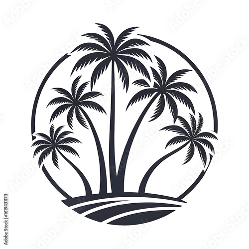 Circular silhouette of palm trees on an island with waves
