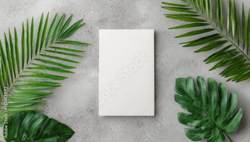 Blank white book surrounded by tropical leaves on a gray concrete surface