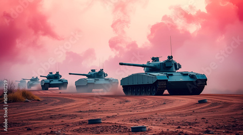 Grey Tanks in Pink Smoke Clouds on a Desert Battlefield landscape background,