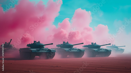 Grey Tanks in Pink Smoke Clouds on a Desert Battlefield landscape background,