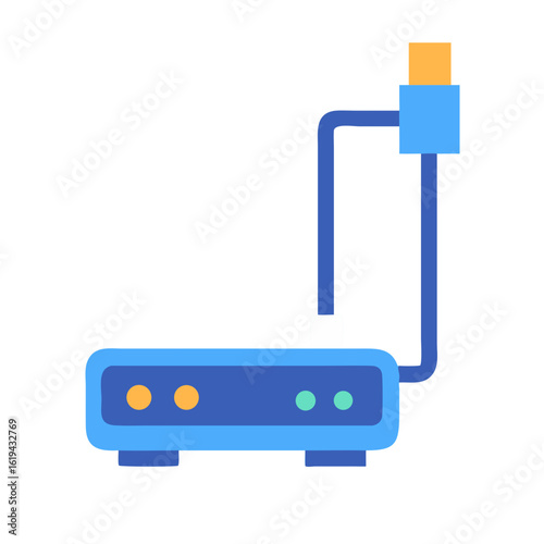 Stylized flat illustration of router with ethernet cable connection