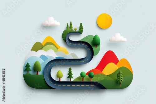 A winding road made of circuit lines leads through forests, buildings, and solar farms, symbolizing sustainable growth, educational paths, interdisciplinary leadership, and the diverse journey of