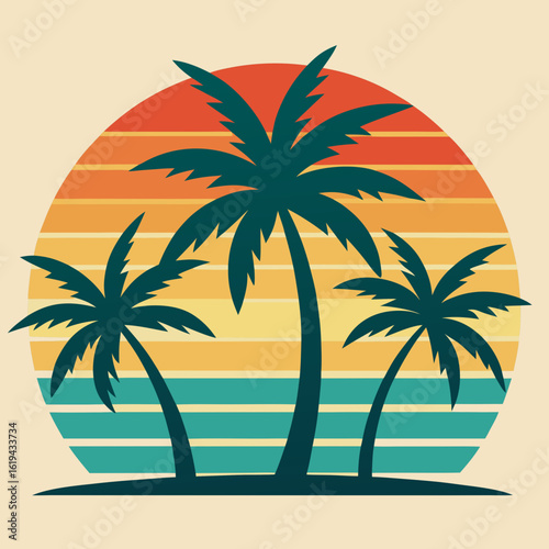 Retro sunset with palm trees and ocean waves