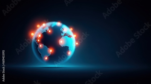A 3D holographic globe with pulsing education nodes connects student avatars working across time zones, representing global talent ecosystems, remote collaboration, ambition, and the evolution of
