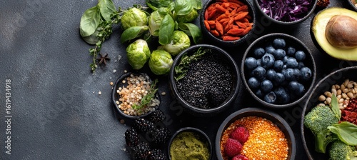 Assorted fresh and dried foods in small bowls on a dark surface