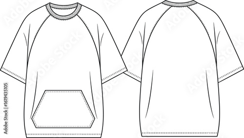  Unisex short sleeve oversized t-shirt fashion flat sketch template, comfortable casual raglan top, wide crew neck, kangaroo pocket, front and back views, vector illustration design.