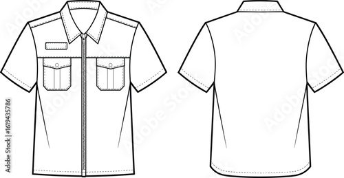 Unisex short sleeve full-zip work shirt fashion flat sketch template, casual utility style garment, chest pockets with flaps, name tag detail, vector illustration design.