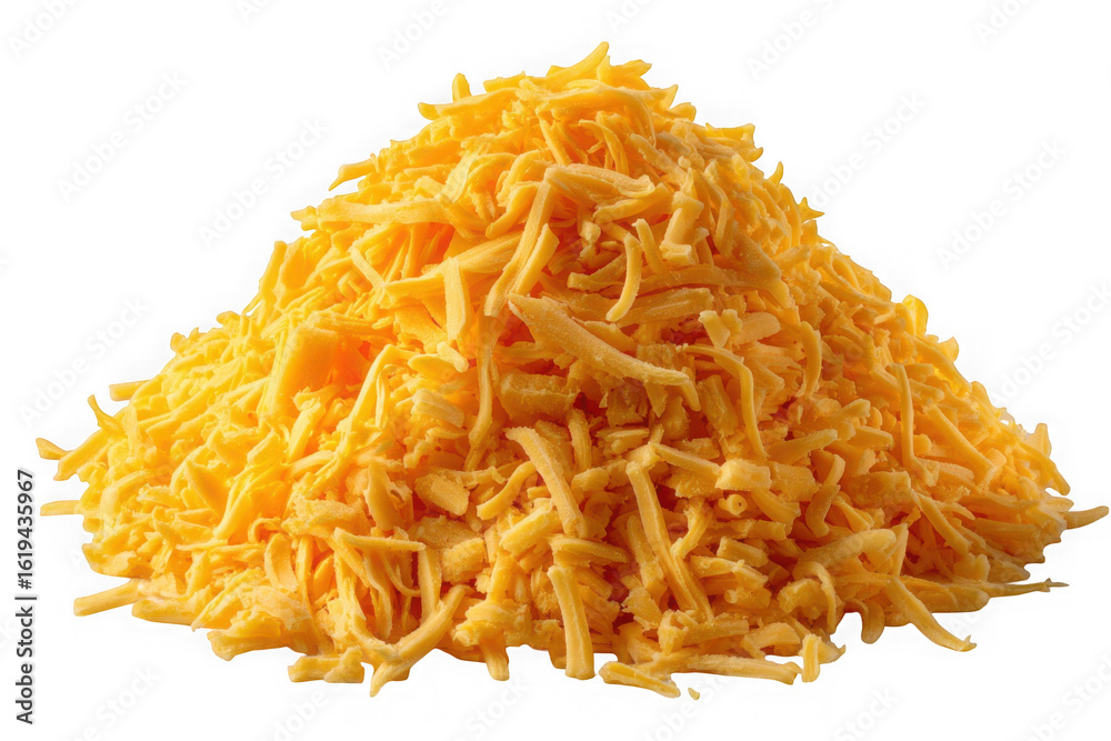 Fototapeta premium Pile of freshly grated cheddar cheese isolated on transparent background