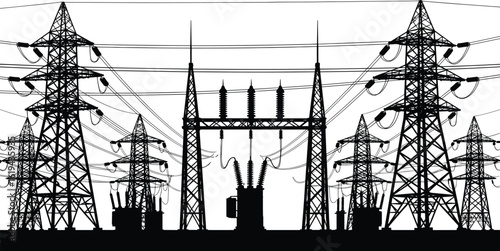 Electric power station, high voltage transmission towers, energy substation infrastructure, electric pylons, transformer silhouette, black and white vector illustration