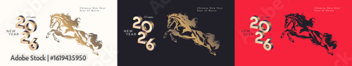A collection of elegant Chinese New Year 2026 greeting card designs featuring dynamic horse illustrations in black, gold, and red themes, celebrating the Year of the Horse in traditional ink style.