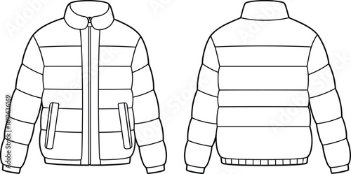 Unisex puffer jacket winter outerwear fashion flat sketch template, padded insulated warm cold weather coat, stand collar, zip closure, vector illustration design.