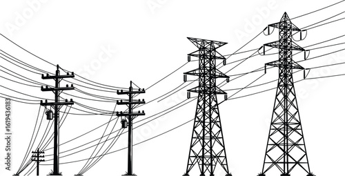 Electric utility poles, high voltage transmission towers, power line distribution, black and white vector illustration, energy infrastructure, grid network concept