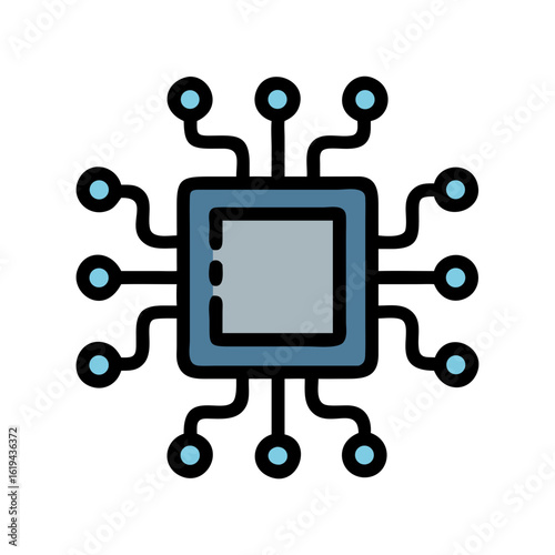 Modern flat illustration of computer chip on dark background