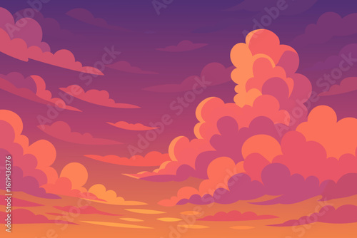 Sunset anime landscape with glowing sky and pink clouds for dreamy scenes or tranquil backgrounds, illustrated by warm colors with soft light and perfect for prints or digital art.