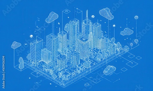 Isometric city blueprint, light blue