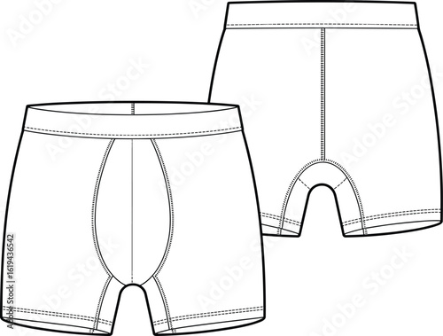 Men's classic boxer briefs underwear fashion flat sketch technical drawing template, essential comfortable breathable loungewear garment, detailed front and back views, vector illustration design.