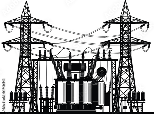 Electrical power substation with high voltage transformers, pylons, and energy transmission lines for industrial electricity supply and infrastructure illustration