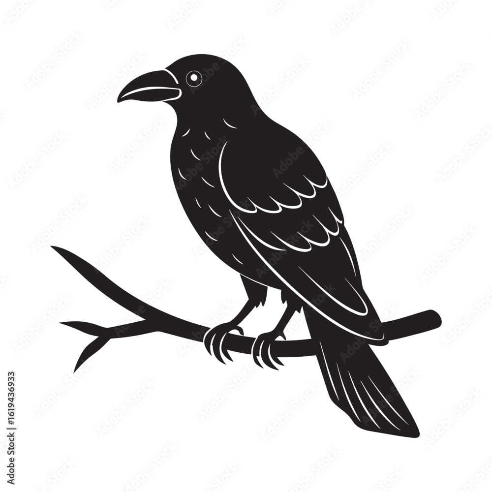 Obraz premium Detailed illustration of a black crow perched on a branch