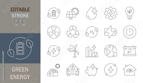 Green energy icon set. Editable line icons. Vector illustration.