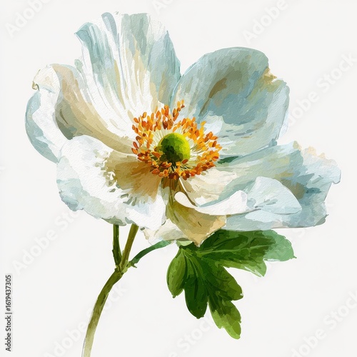 Detailed illustration of a single, light-cream and pale-blue flower with vibrant orange center and green leaves