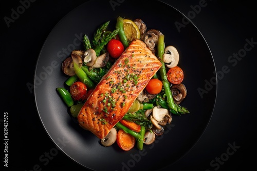 Pan-seared salmon fillet with asparagus, cherry tomatoes, and mushrooms on a dark plate