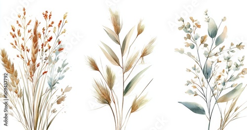 Three sprigs of dried flowers, muted tones