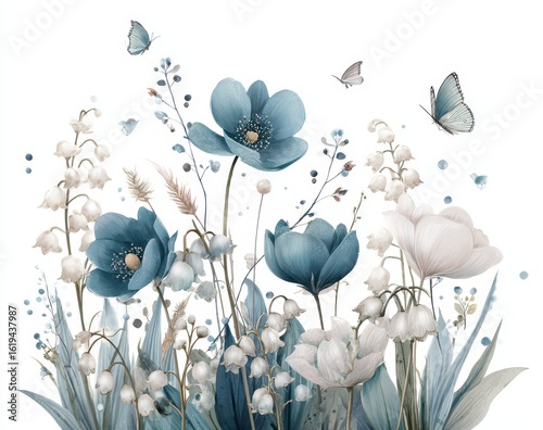 Floral arrangement of teal and cream flowers, with delicate butterflies