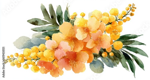 Watercolor bouquet of peach and yellow flowers with green foliage