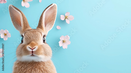 Cute bunny with large ears on a blue background surrounded by pink flower petals showcasing spring freshness and adorable charm for seasonal imagery