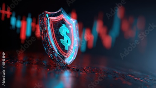 Glowing shield with dollar sign, financial data background