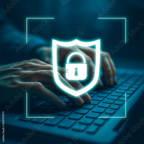 Hands Typing with Security Shield Overlay