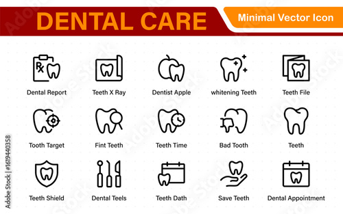 Dental Care icon set. Containing tooth, dentist, toothpaste, toothbrush, teeth, implant and dentistry icons. Solid icon collection.
