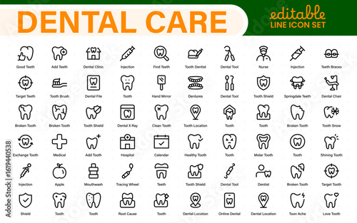 Dental Care icon set. Containing tooth, dentist, toothpaste, toothbrush, teeth, implant and dentistry icons. Solid icon collection.