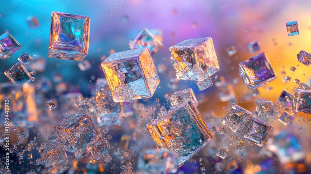 Naklejka premium Abstract iridescent cubes floating in a colorful explosion.