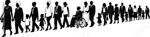 Silhouette illustration of diverse family generations walking together, elderly, children, parents, unity concept, community, wheelchair inclusion, group diversity