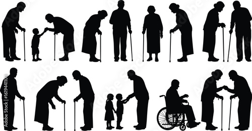 Silhouette illustration of elderly people with canes and children interacting, aging support, family care, senior assistance, generational bonding concept