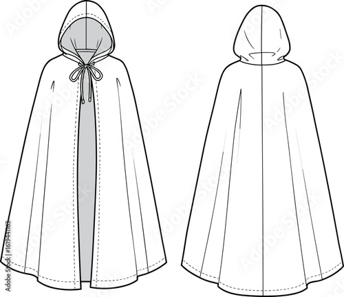 Hooded cloak fashion flat, cape coat technical sketch, vector line drawing, sewing pattern template, garment design, apparel illustration, cad drawing flat vector illustration