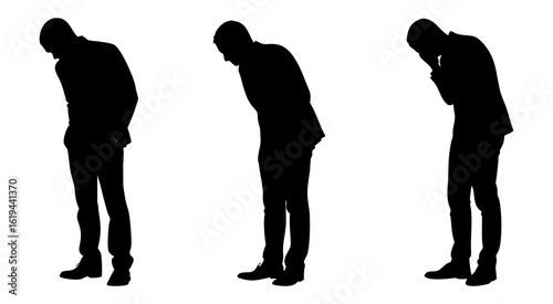 Set of man standing and head down  full black silhouette vector illustration design