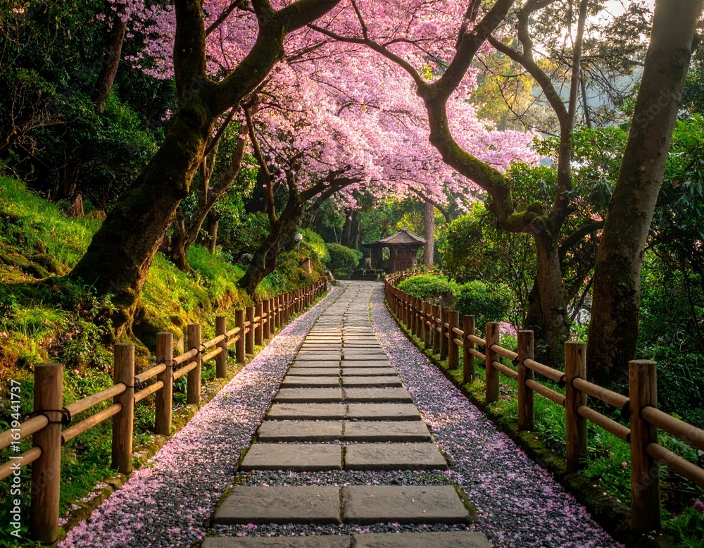 Obraz premium Serene Pathway Through Blooming Cherry Blossoms