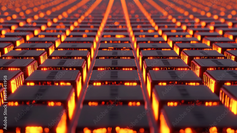 Obraz premium Abstract view of illuminated grid with glowing lines and glowing squares creating a stunning visual effect of depth and perspective