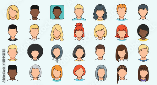 Diverse group of cartoon people with various hairstyles and skin tones
