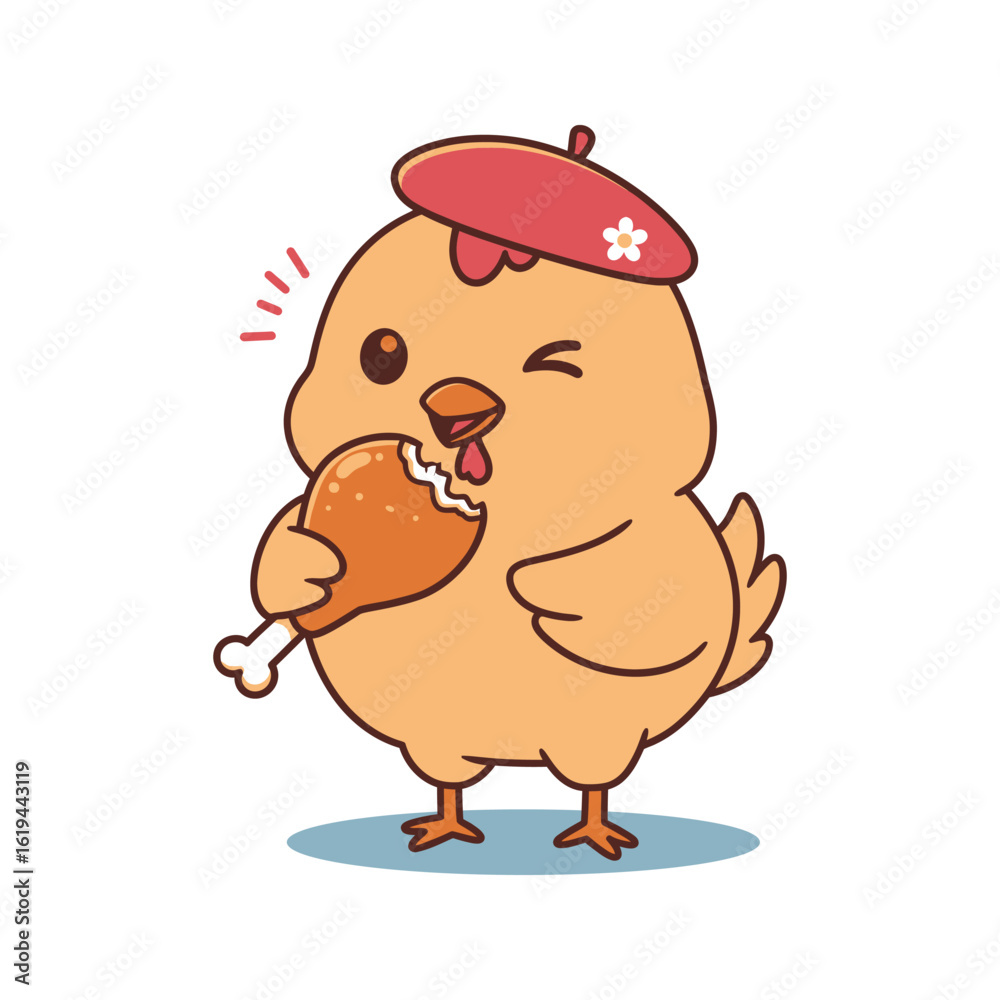 Fototapeta premium Cute Cartoon Chick in Beret Eating Chicken Leg Funny Farm Animal Illustration