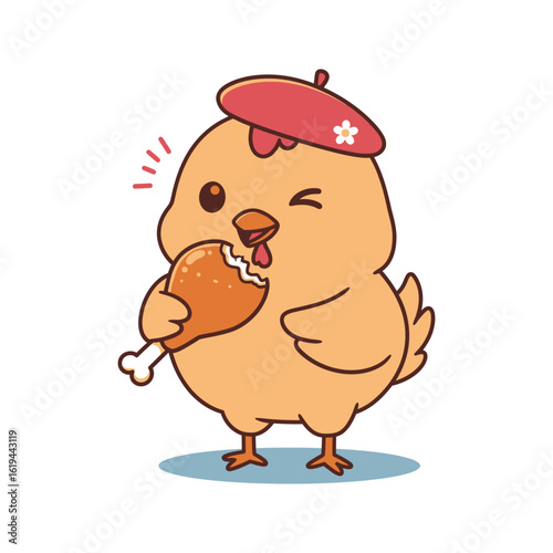 Cute Cartoon Chick in Beret Eating Chicken Leg  Funny Farm Animal Illustration