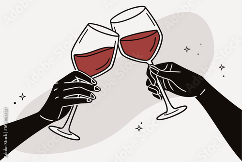 Minimalist illustration of two hands making a celebratory toast, clinking glasses filled with red wine. Modern vector graphic for parties and events.