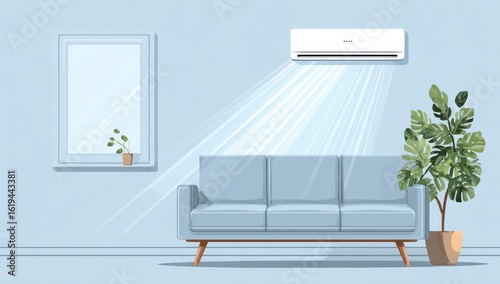 Light-filled room with AC unit, sofa, and plants