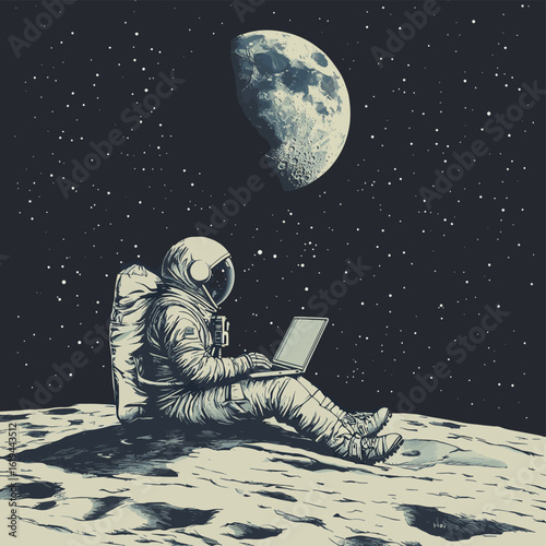 Vector of a lone astronaut on the moon using a laptop, set against a starry expanse. Ideal for themes of isolation, technology, and space