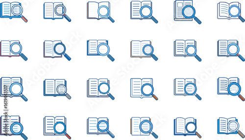 Collection of open books and magnifying glasses representing search and knowledge exploration